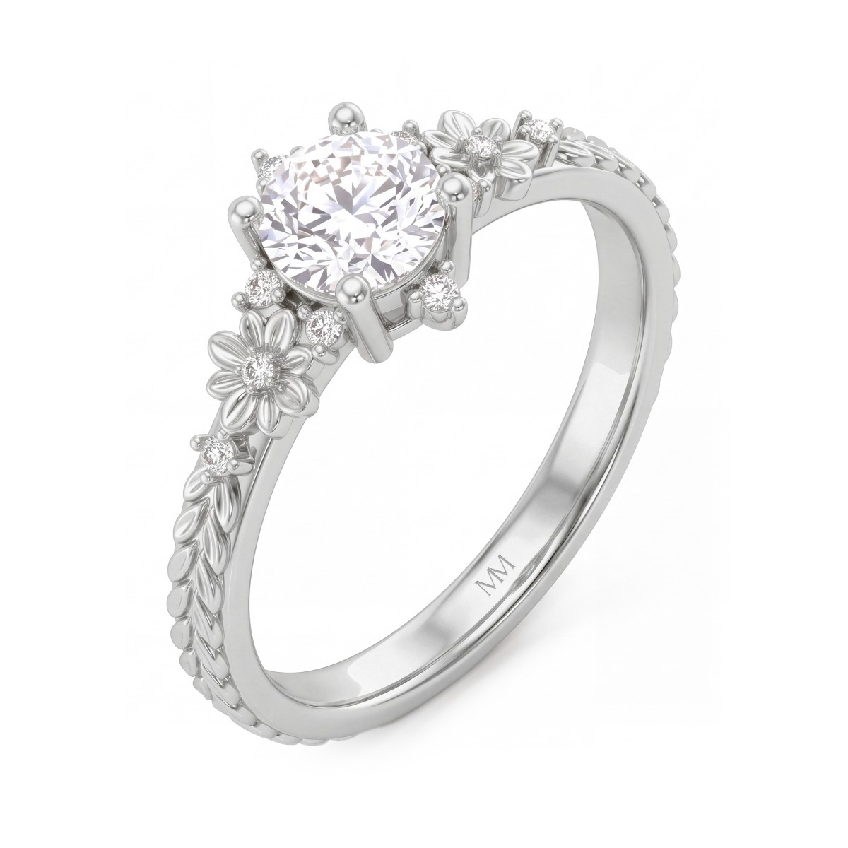 Primrose - Ring i vintagestil med rund moissanit och blomdekorerade ringskuldror