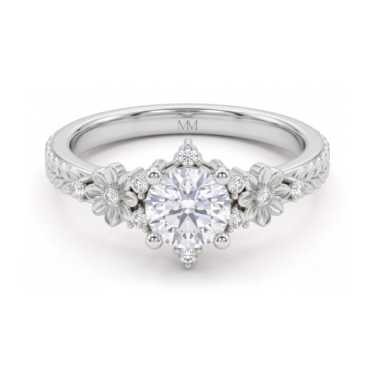 Primrose - Ring i vintagestil med rund moissanit och blomdekorerade ringskuldror