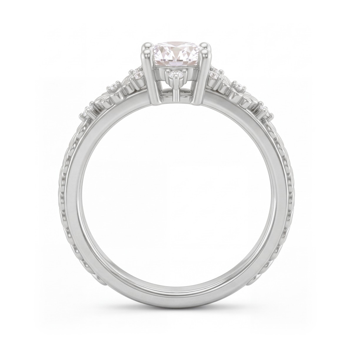 Primrose - Ring i vintagestil med rund moissanit och blomdekorerade ringskuldror