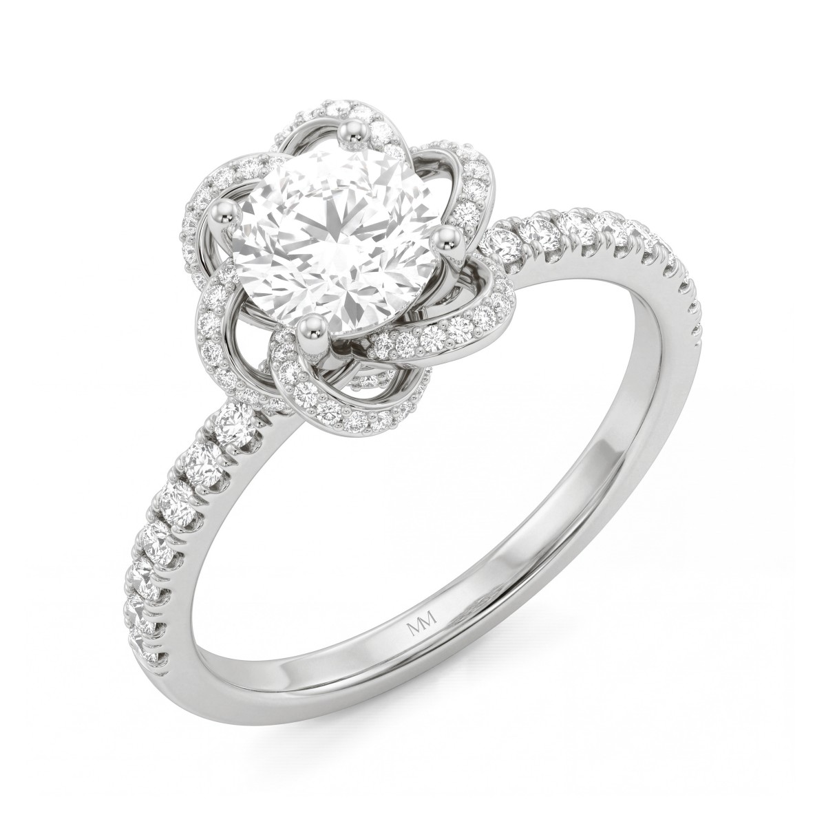 Camellia - Ring med rund moissanit och pavéfattade bandformade kronblad
