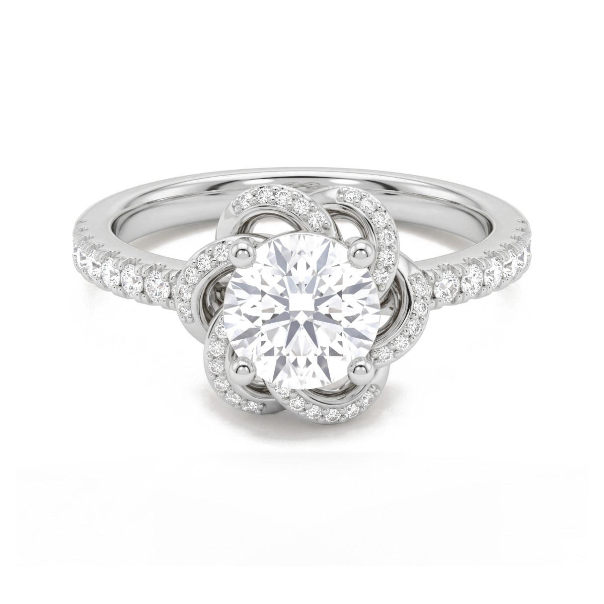 Camellia - Ring med rund moissanit och pavéfattade bandformade kronblad