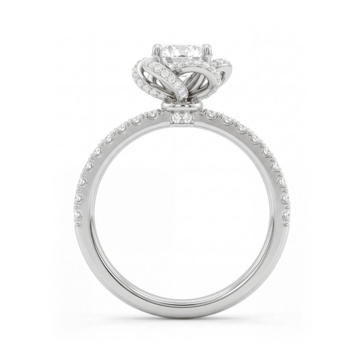 Camellia - Ring med rund moissanit och pavéfattade bandformade kronblad