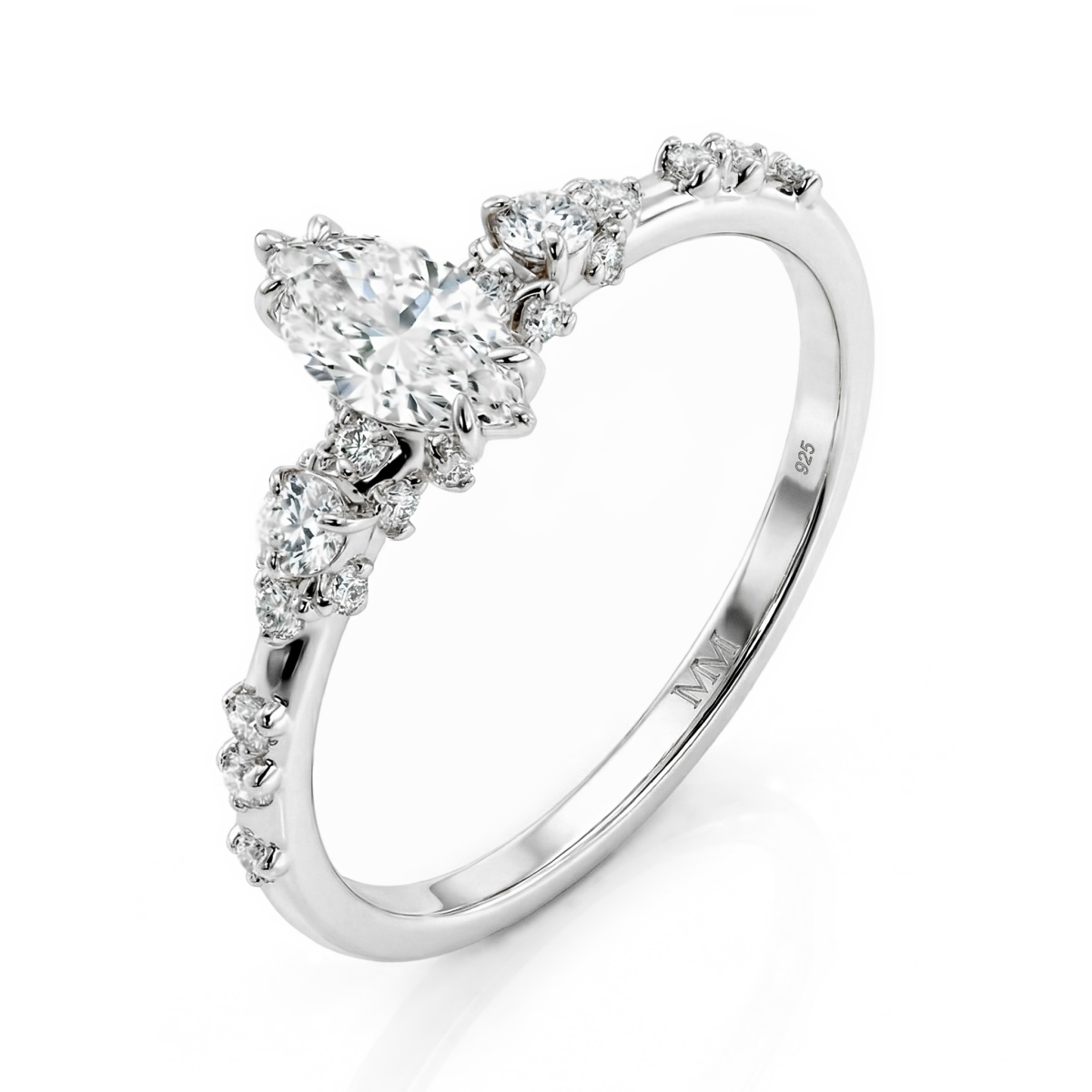 Elegante - Ring med moissanit i navettslipning och vintageinspirerade minimalistiska sidostenar
