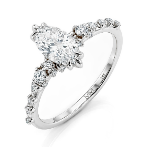 Elegante - Ring med moissanit i navettslipning och vintageinspirerade minimalistiska sidostenar