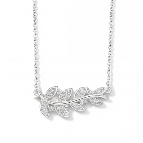 Botanica - Halsband med bladmotiv och moissanit i en graciös pavéfattning
