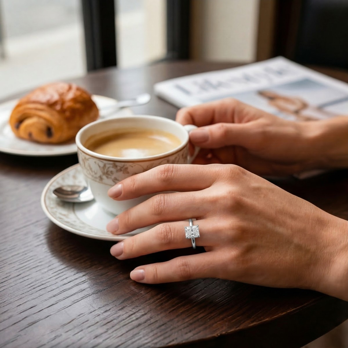 Mirabelle - Solitärring med moissanit i radiantslipning, korgfattning och dold halo