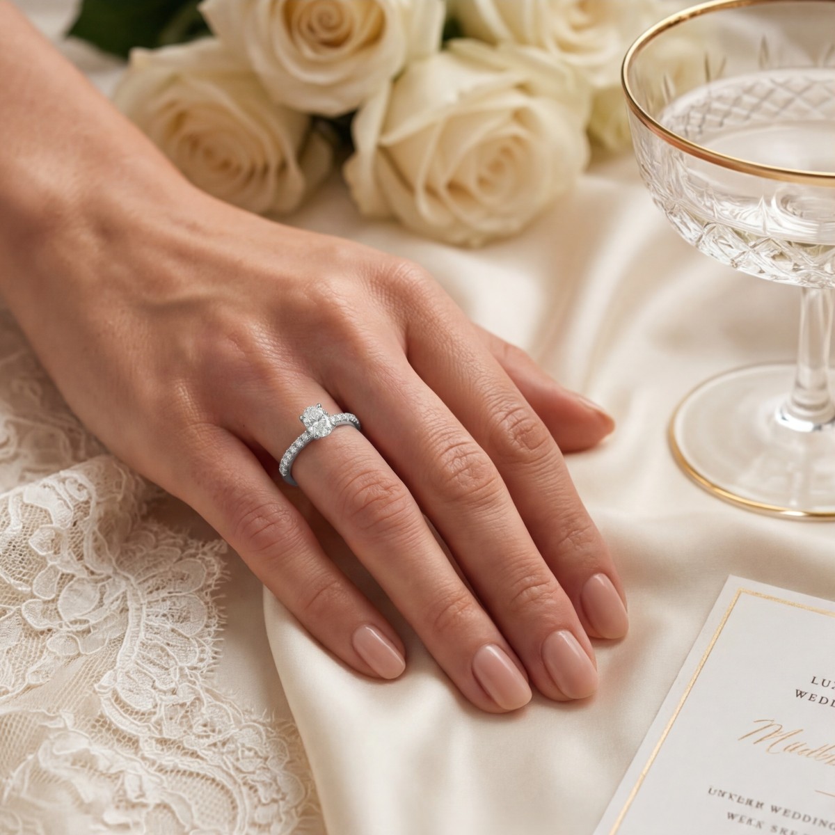 Nina-ring - Oval moissanitring med pavéfattade sidostenar