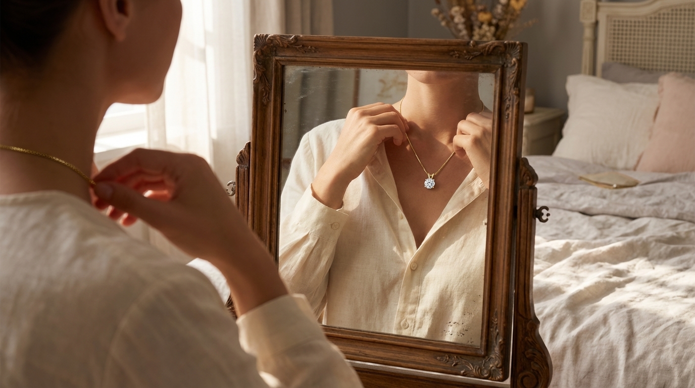 Kvinna som rättar till ett halsband med hänge i en spegel, varmt naturligt ljus